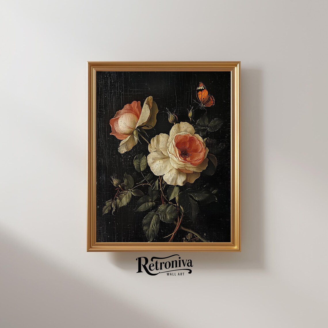 Roses With Butterfly Dark Floral Vintage Botanical Black Art Poster - Image 2