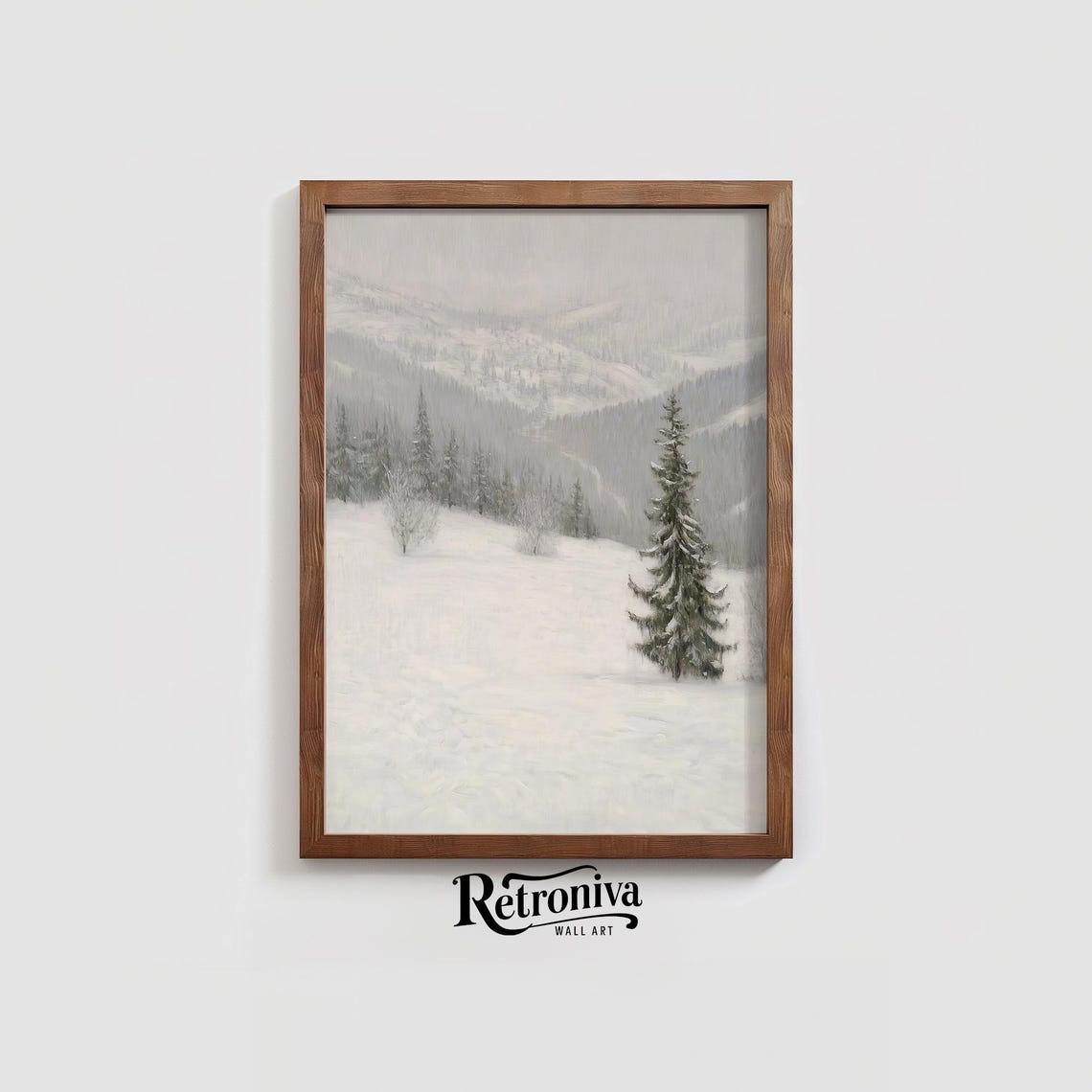Muted Snowy Mountain Valley Vintage Winter Landscape Pines Poster - Image 4
