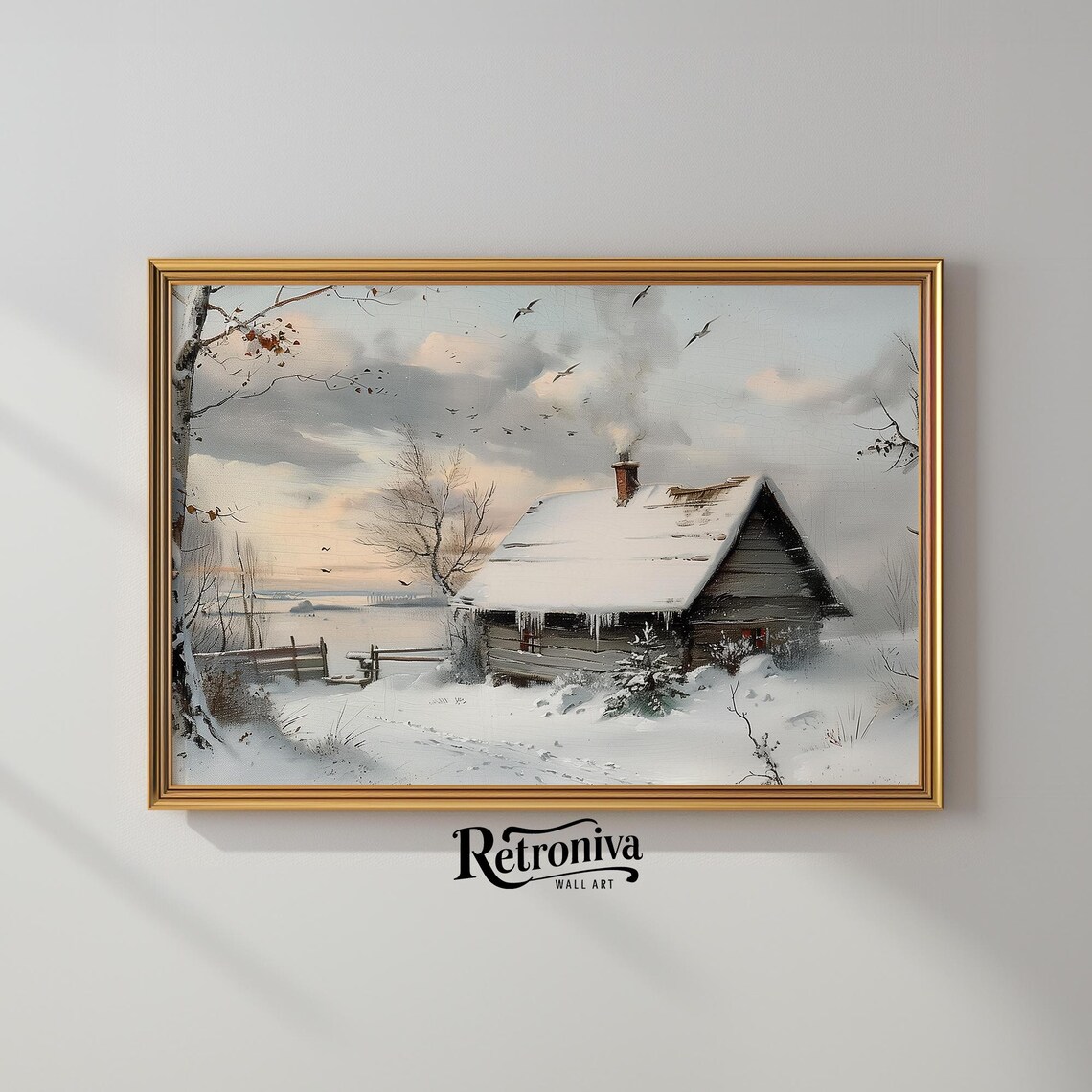 Snowy Log Cabin With Smoking Chimney By A Frozen Lake Poster - Image 2