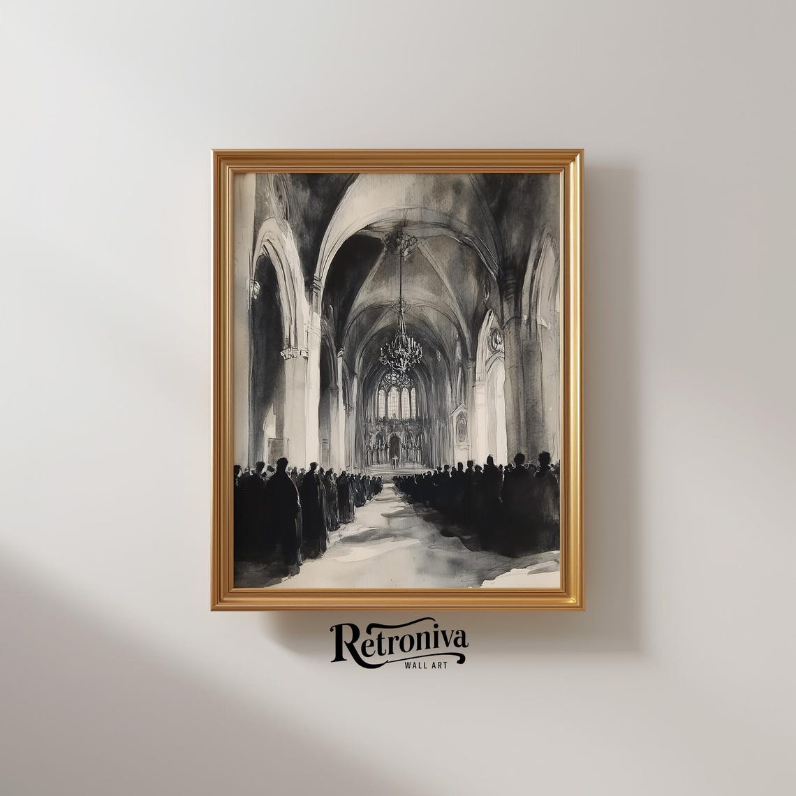 Moody Gothic Cathedral Interior Dark Watercolor Crowd Scene Poster - Image 2