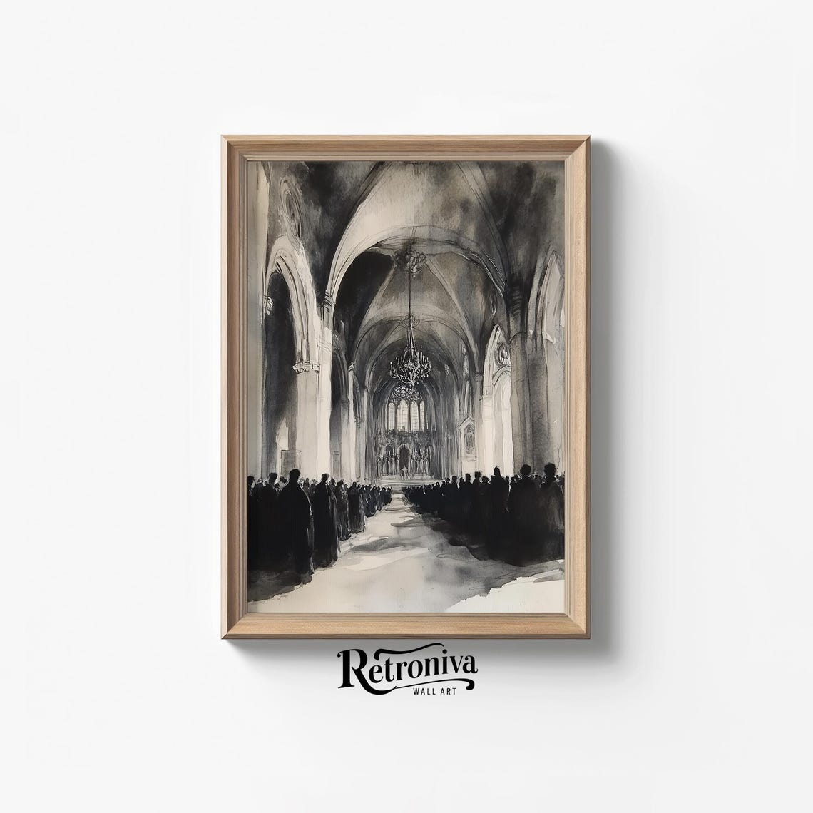 Moody Gothic Cathedral Interior Dark Watercolor Crowd Scene Poster