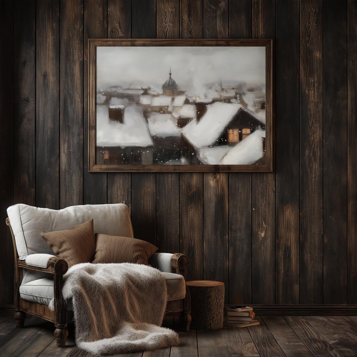 Snow Falling Over Old Town Rooftops Winter Cityscape Vintage Painting Poster - Image 3