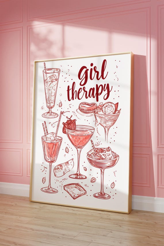 Girl Therapy Pink Print Coquette Girl Therapy Retro Vintage Cheers Wall Art Trendy Retro Girls Night Drinks Poster Funky Bar Cart Art