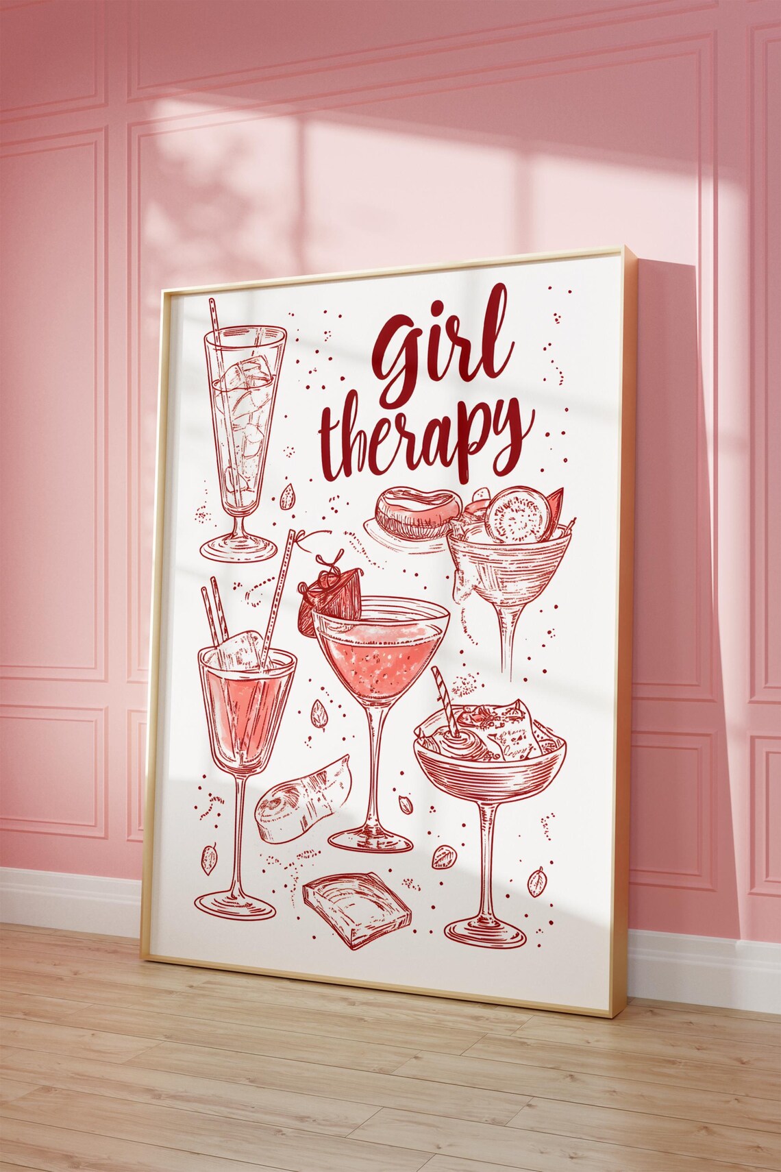 Girl Therapy Cocktail Sketch Red Line Art Girls Night Wall Art