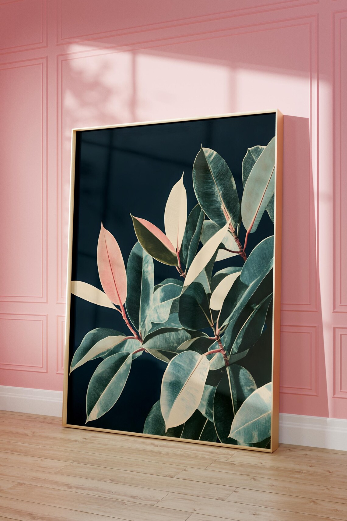 Dark Navy Blue Botanical Rubber Plant Leaves Moody Decor Poster