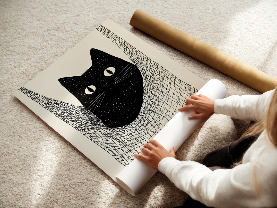 Black Cat in String Hammock Funny Minimalist Line Art Poster - Image 3