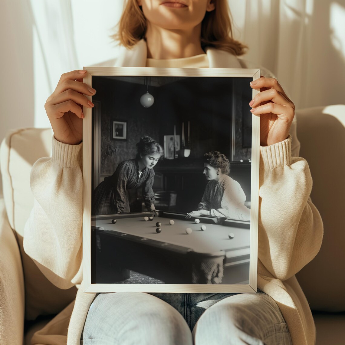 Vintage Black And White Photo Women Playing Billiards Game Poster - Image 2