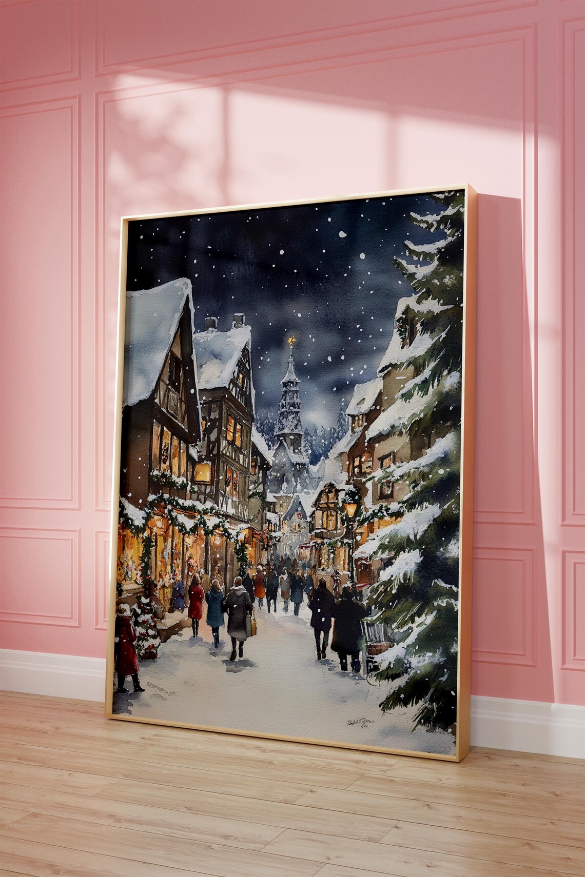 Snowy Old Town Christmas Night Half Timbered Street Watercolor Poster