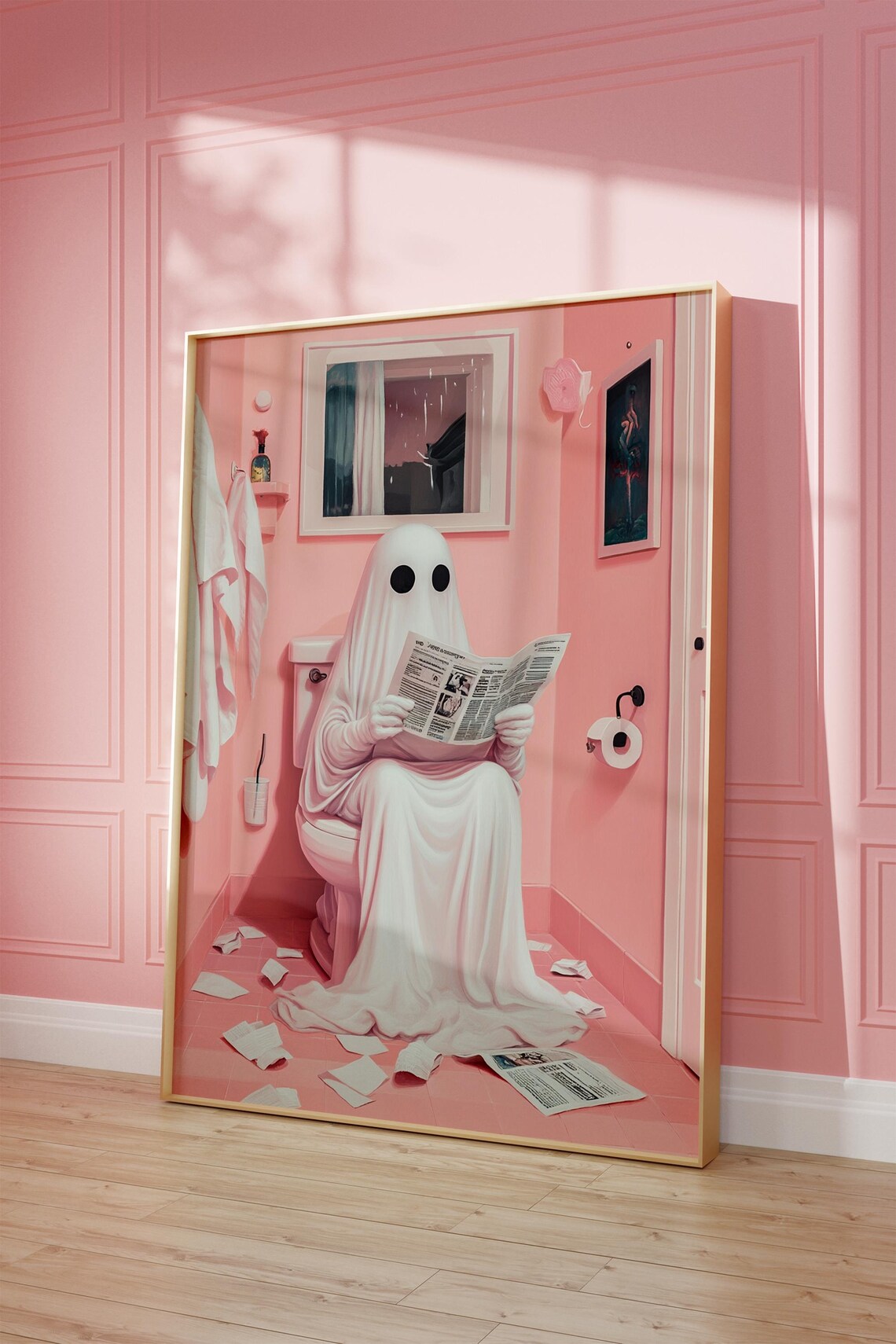 Cute Ghost In Bath Y2K Halloween Bathroom Art Print
