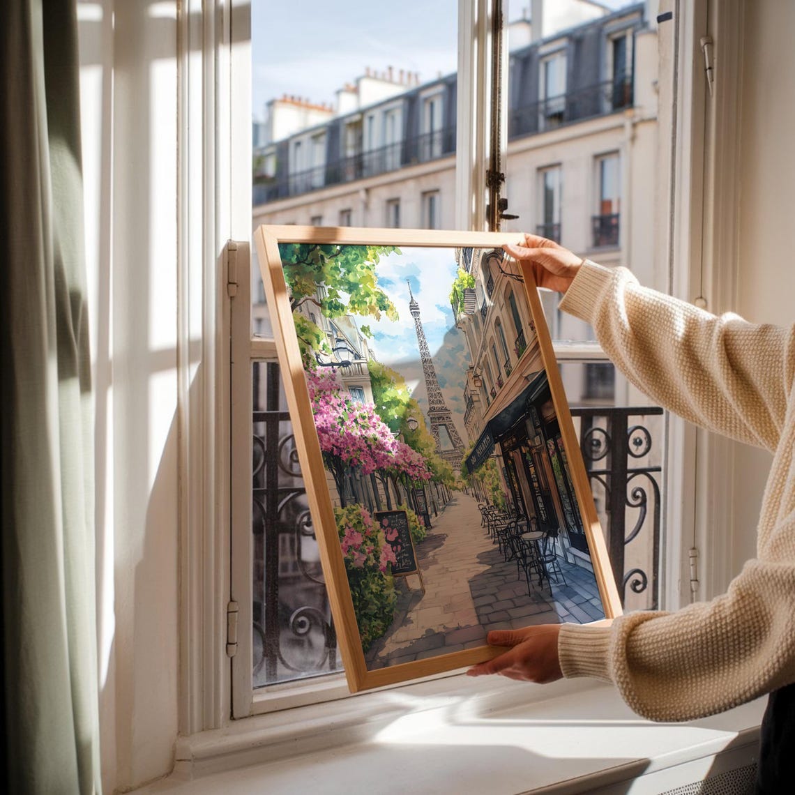 Paris Eiffel Tower Watercolor Cafe Street Spring Blossom Art Poster - Image 3