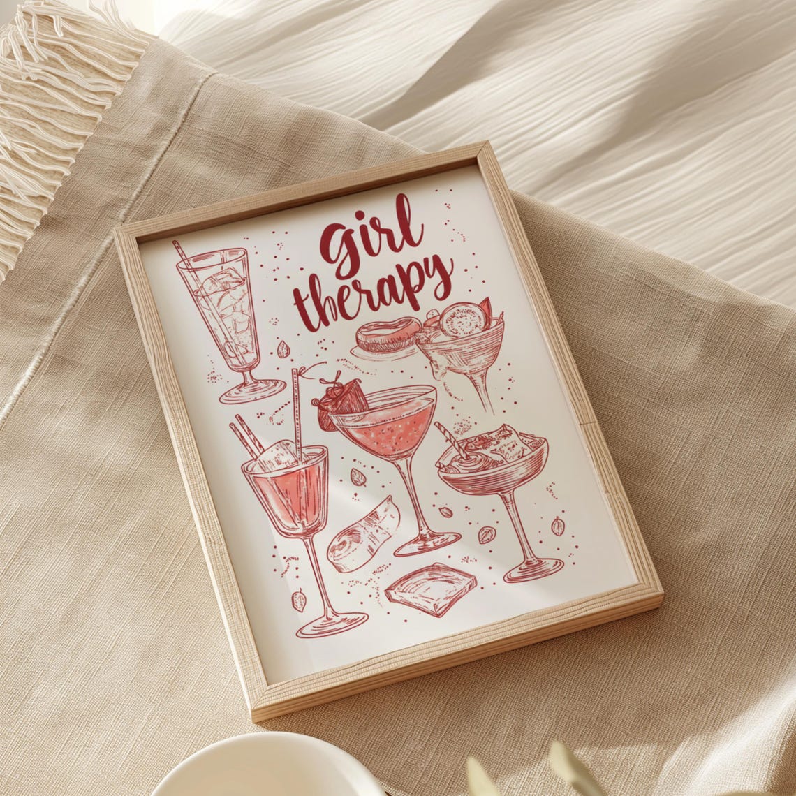 Girl Therapy Pink Print Coquette Girl Therapy Retro Vintage Cheers Wall Art Trendy Retro Girls Night Drinks Poster Funky Bar Cart Art - Image 2