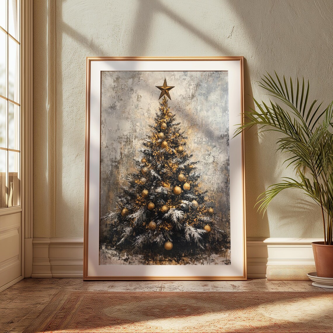 Black and Gold Christmas Tree Rustic Starry Night Holiday Art Poster - Image 3