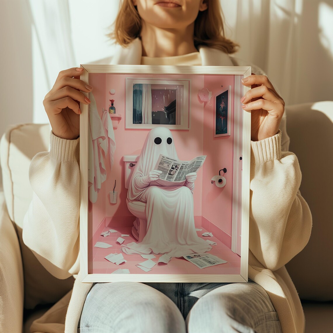 Cute Ghost In Bath Y2K Halloween Bathroom Art Print - Image 2