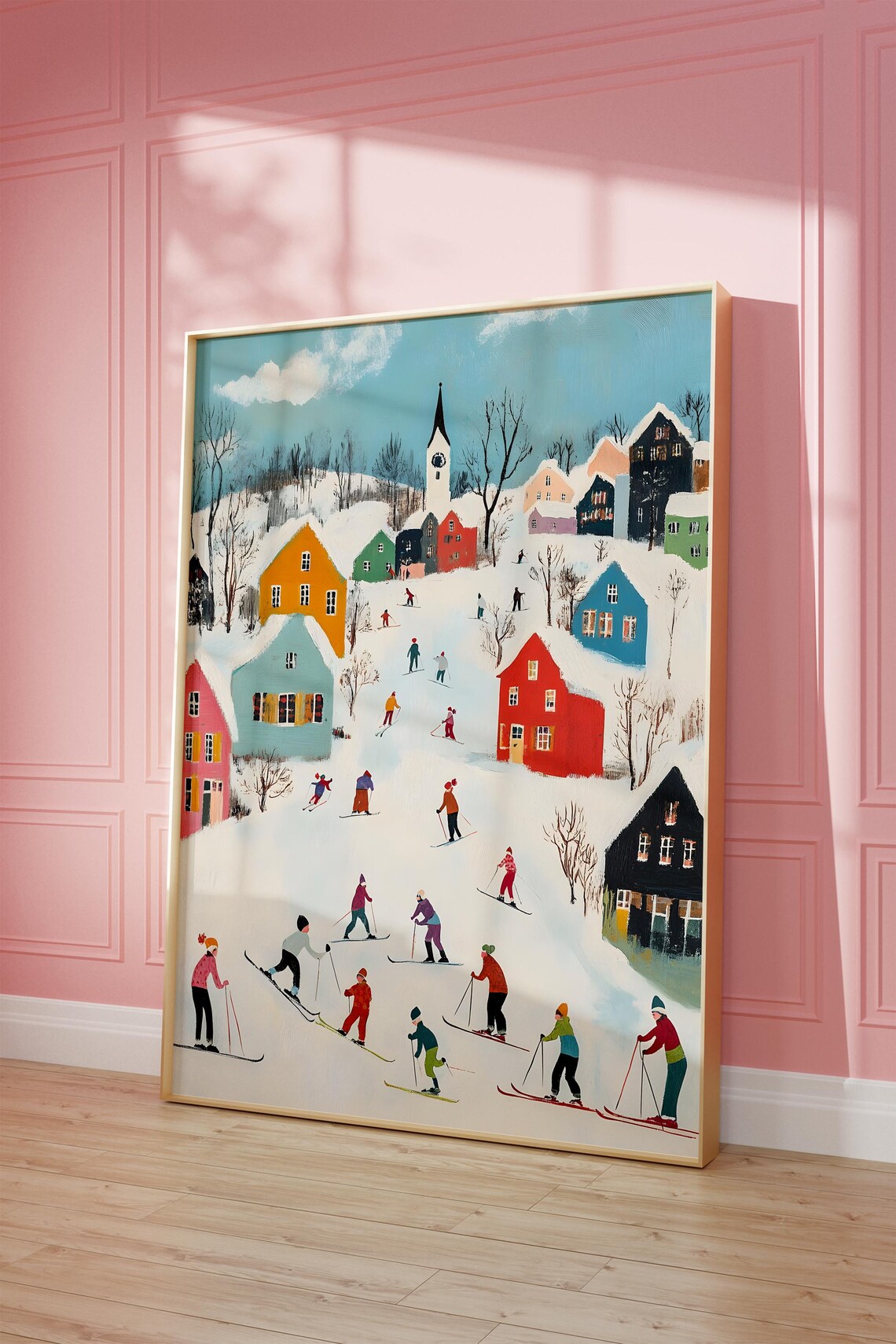 Colorful Ski Village Winter Wonderland Skiers Hillside Scene Poster