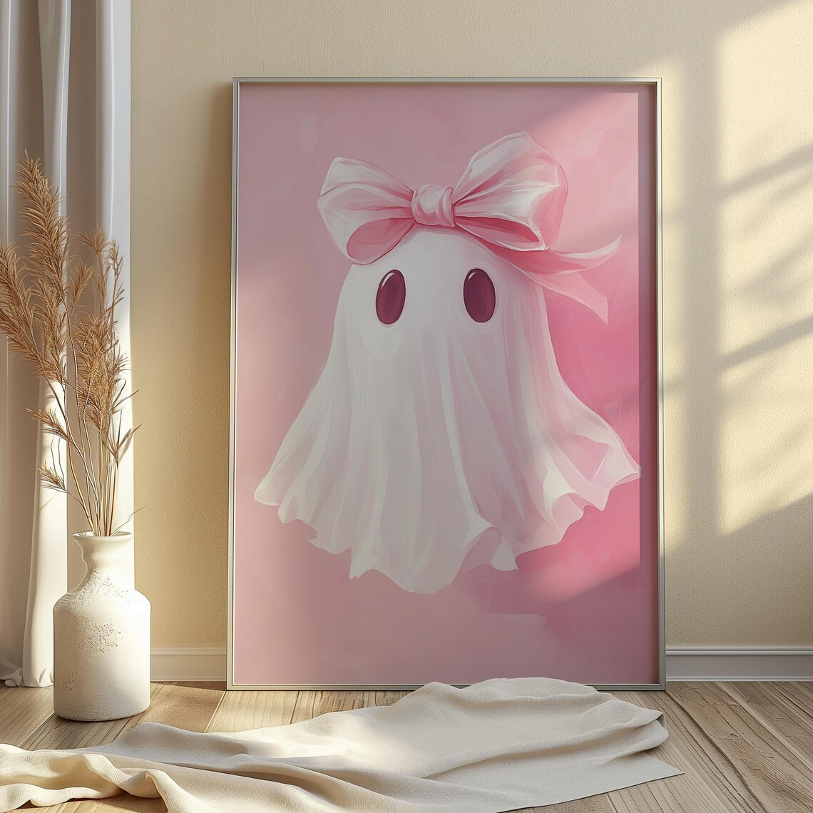 Pink Bow Ghost Halloween Wall Art, Cute Y2K Decor - Image 2