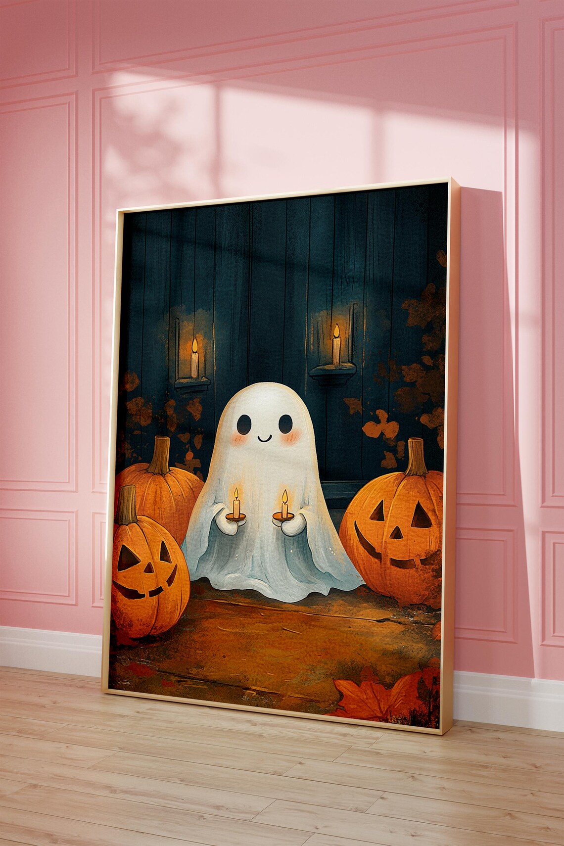 Cute Ghost Holding Candles With Pumpkins Cozy Halloween Poster