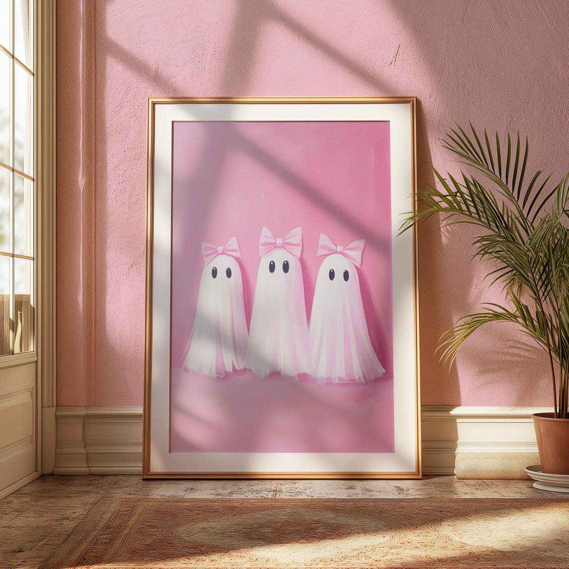 Three Cute Ghosts With Pink Bows On Pink Background Art Poster - Image 3