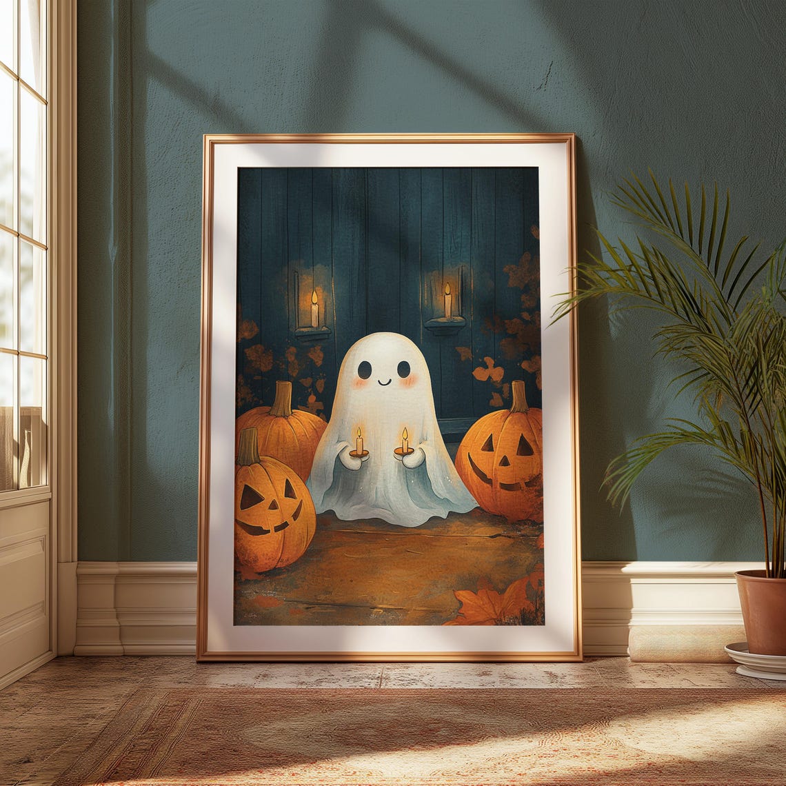 Cute Ghost Holding Candles With Pumpkins Cozy Halloween Poster - Image 3