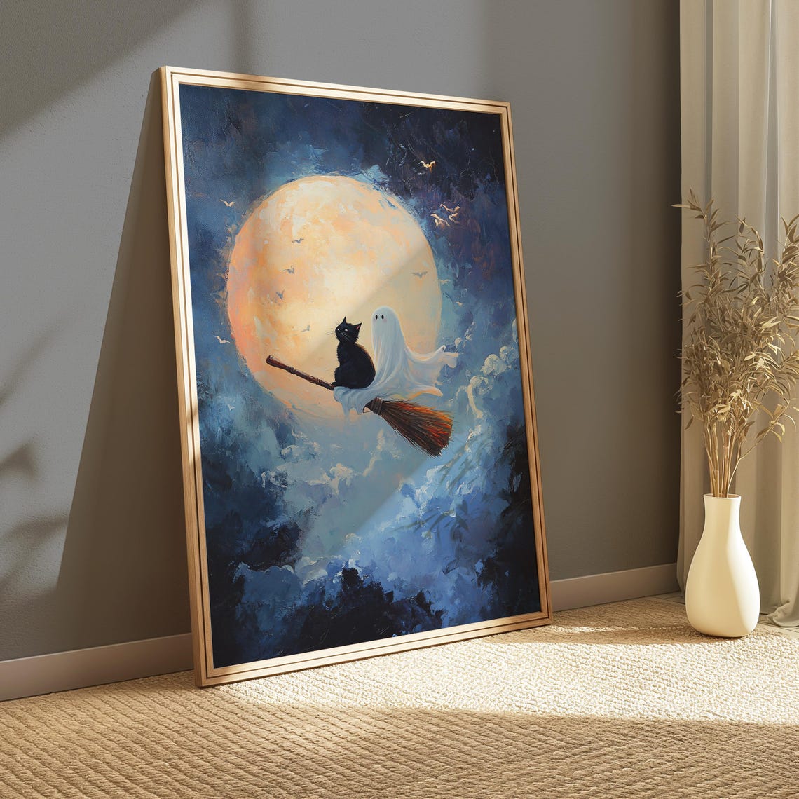 Black Cat and Ghost Flying Broomstick Full Moon Halloween Night Poster - Image 3