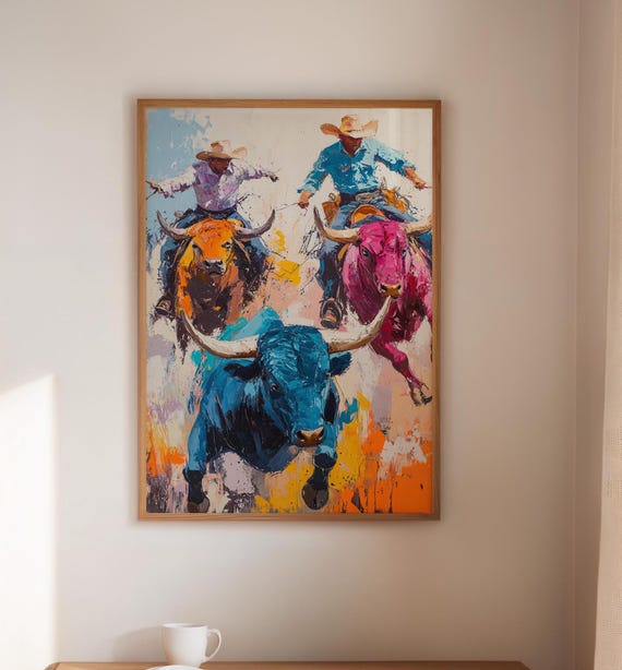 Colorful Rodeo Bull Riding Art Western Cowboy Wall Decor Bold Expressionist Painting Rustic Ranch Style Home Print