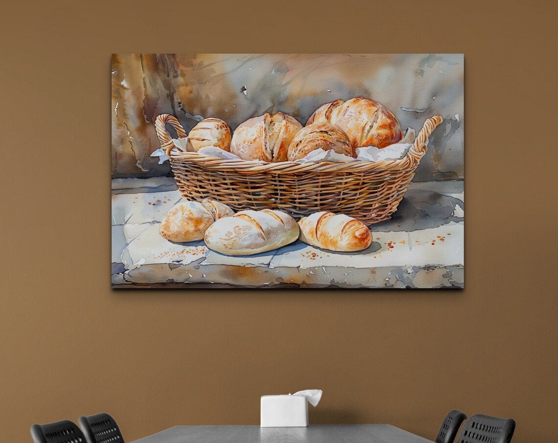 Fresh Bread Rolls in a Wicker Basket Watercolor Kitchen Poster