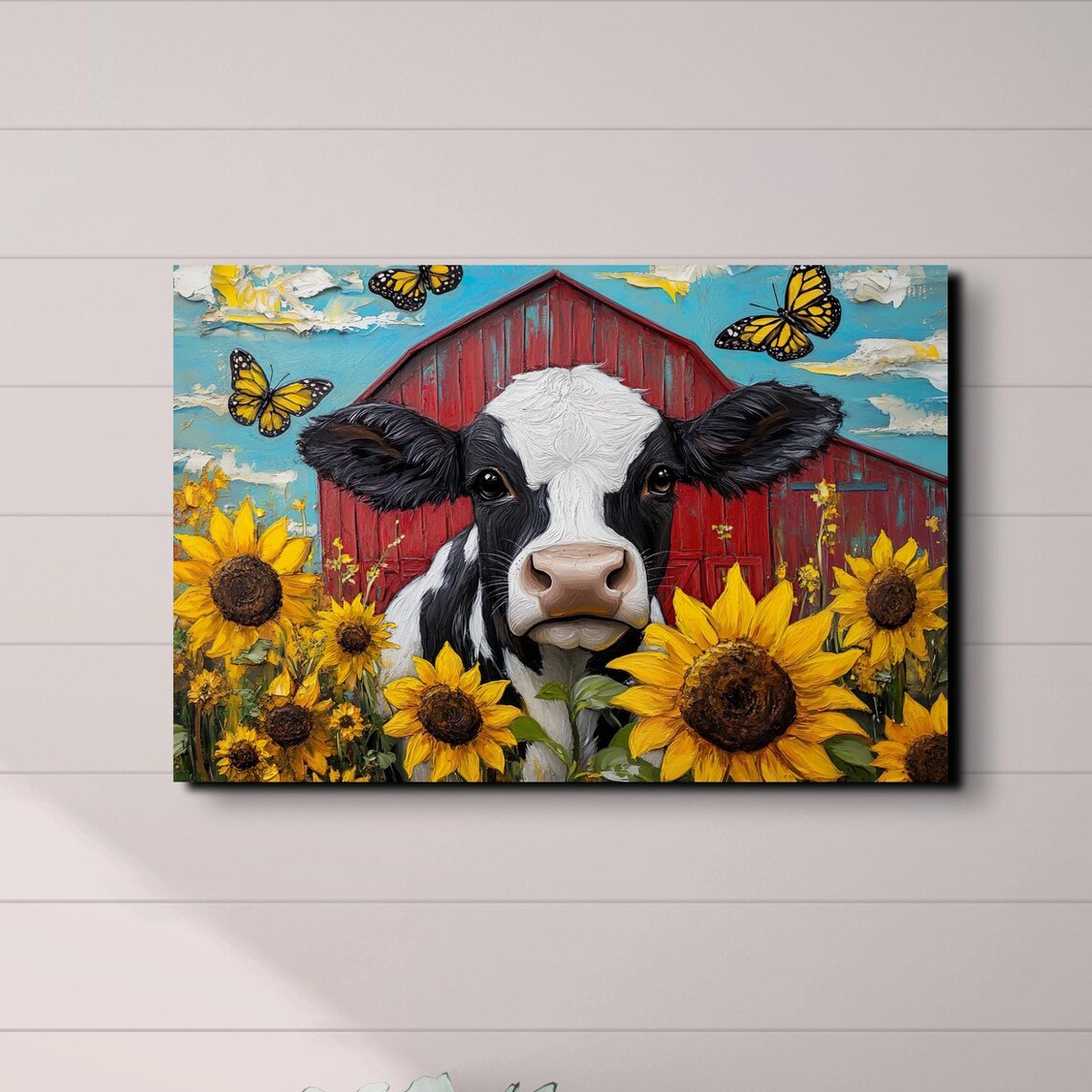 Cow in Sunflowers with Monarch Butterflies Red Barn Folk Poster