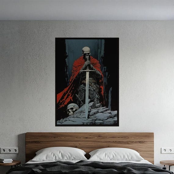 Dramatic Skeletal Knight Poster Gothic Dark Fantasy Wall Art Print Epic Warrior Decor Macabre Gaming Unique Fan Gift