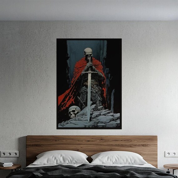 Skeletal Knight Red Cape Sword Dark Gothic Fantasy Warrior Poster