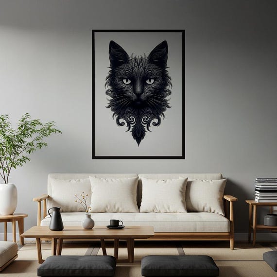 Mystic Feline Ornate Black Cat Poster Gothic Intricate Elegant Wall Art Print Dark Academia Mysterious Baroque Fantasy Decor Gift