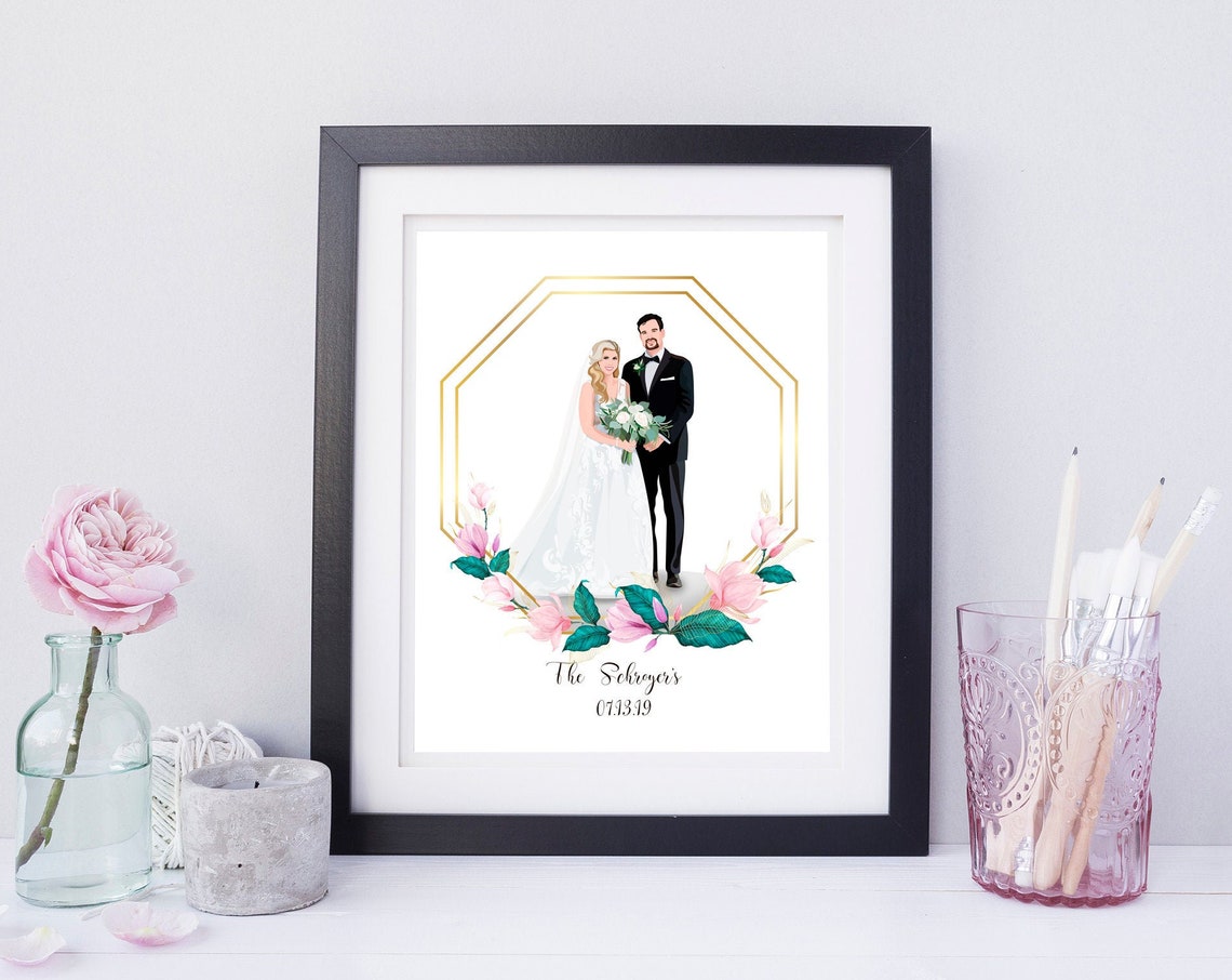 Custom Wedding Couple Illustration Pink Floral Frame Art Poster
