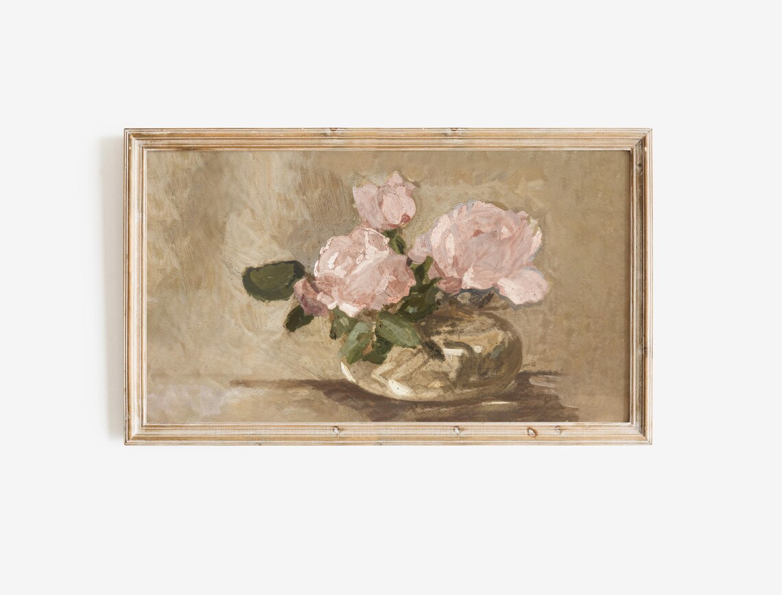 Blush Pink Roses Brass Vase Neutral Vintage Floral Still Life Wall Art - Image 2
