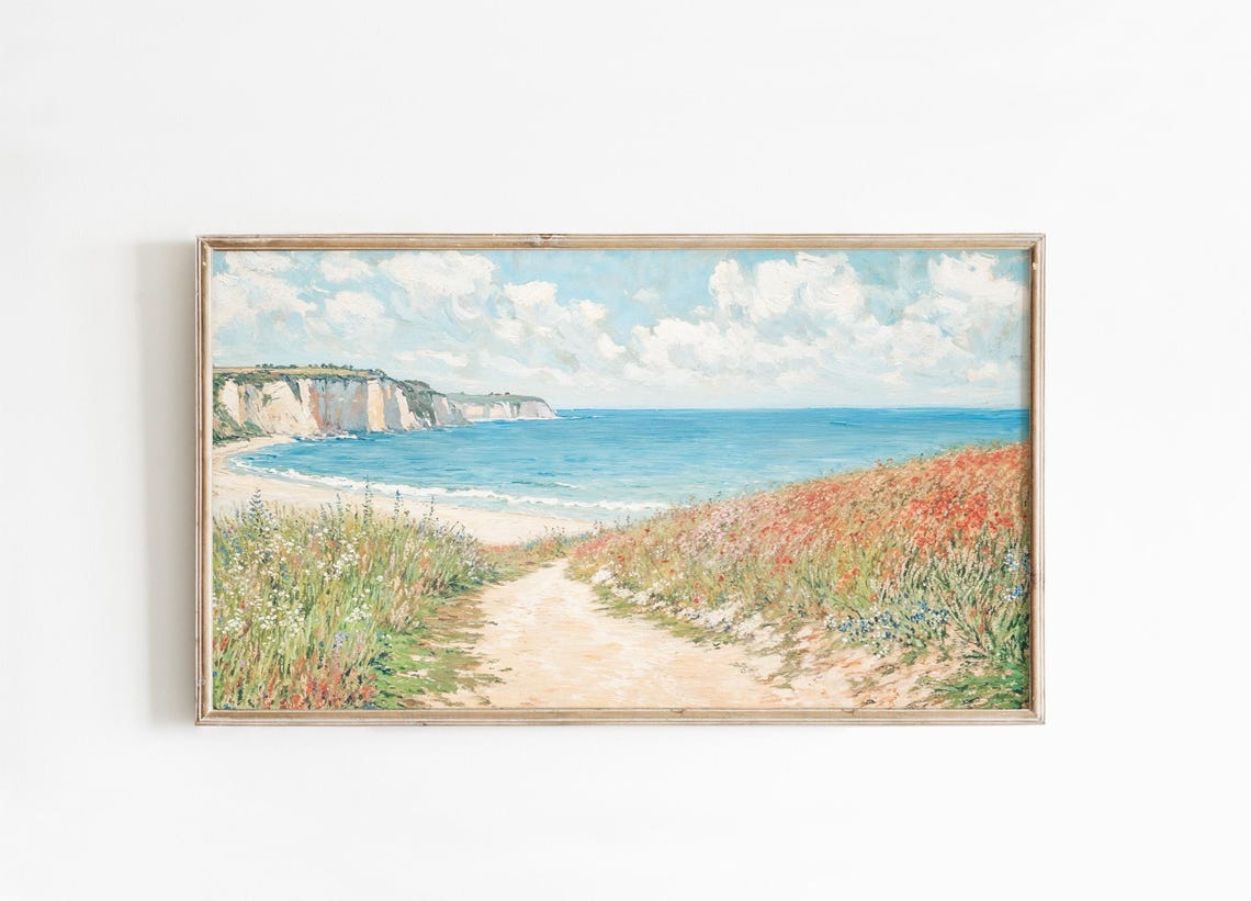 Coastal Path Wildflowers White Chalk Cliffs Blue Sea Painting Poster