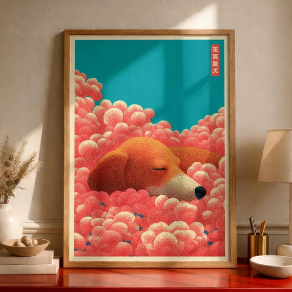 Japanese Dachshund Poster Print Sleeping Dog In Flowers Floral Wall Art Japandi Decor
