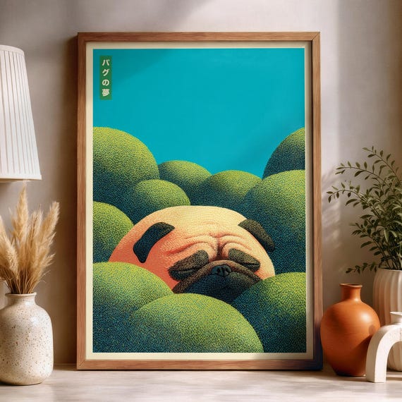 Japanese Pug Poster Sleeping Dog Print Japandi Modern Pet Wall Art Living Room Decor