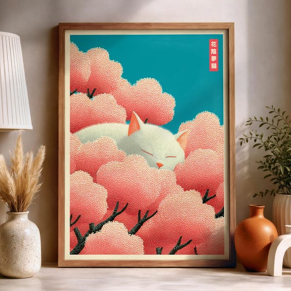 Japandi Cat Poster Print Japanese Sleeping Woodblock Wall Art Flower Decor
