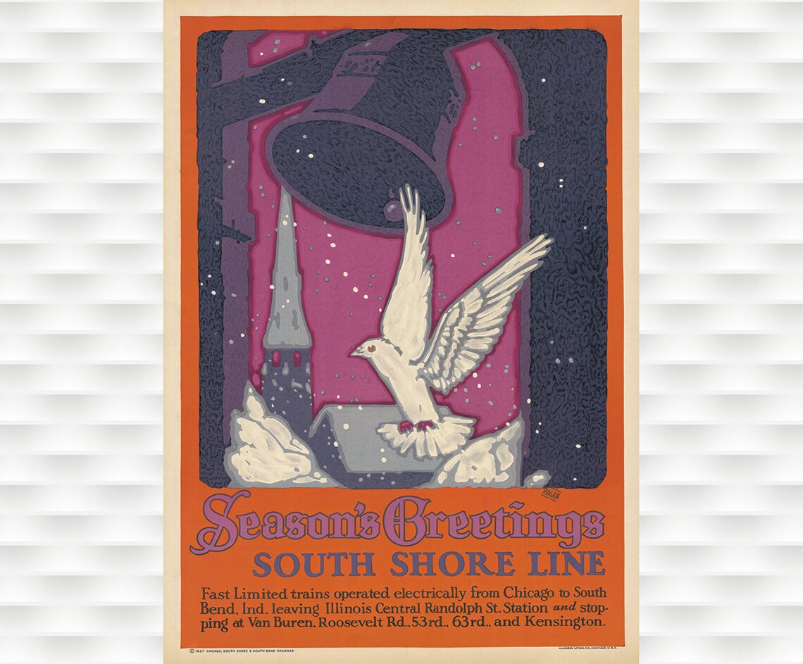 Season's Greetings South Shore Line Dove Bell Christmas Railway Poster