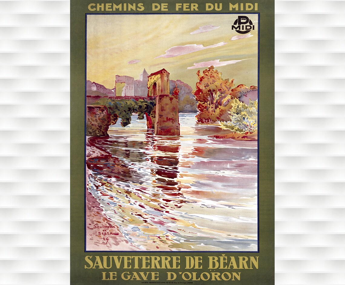 Sauveterre de Bearn Oloron River Bridge Vintage French Travel Poster