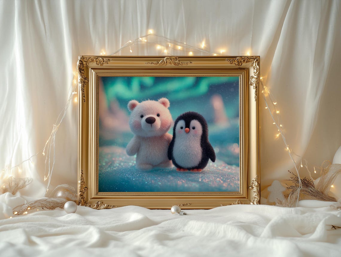 Polar Bear Cub and Penguin Aurora Winter Friends Cute Animal Poster