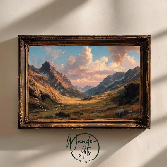 Rustic Mountain Valley At Sunset Moody Autumn Landscape Art Cozy Warm Tones Wall Pink Clouds Over Scenic View 938