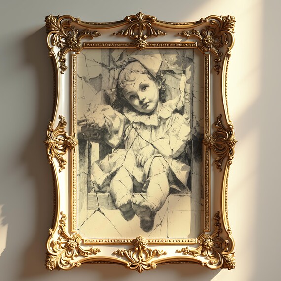 Creepy Porcelain Doll Portrait Vintage Halloween Wall Art Detailed Gothic Drawing Moody Decor Spooky Autumn 206
