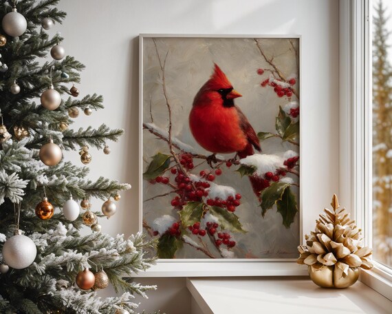 Christmas Cardinal Holly Branch Snowy Winter Bird Art Poster
