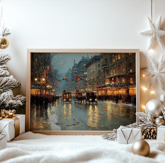 Bustling Vintage Christmas Street Carriages Glowing Night Poster