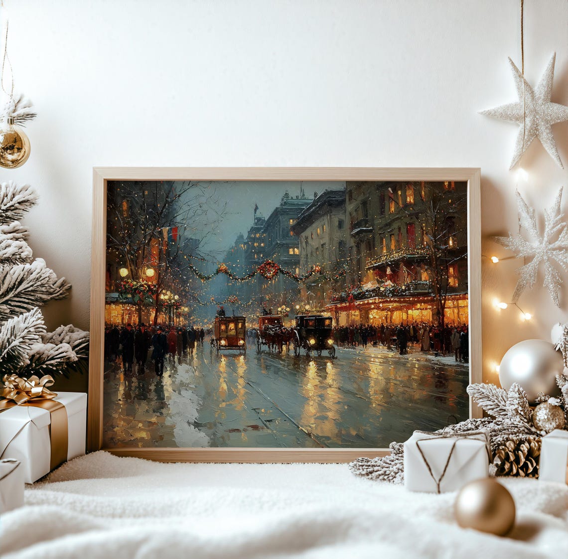 Bustling Vintage Christmas Street Carriages Glowing Night Poster