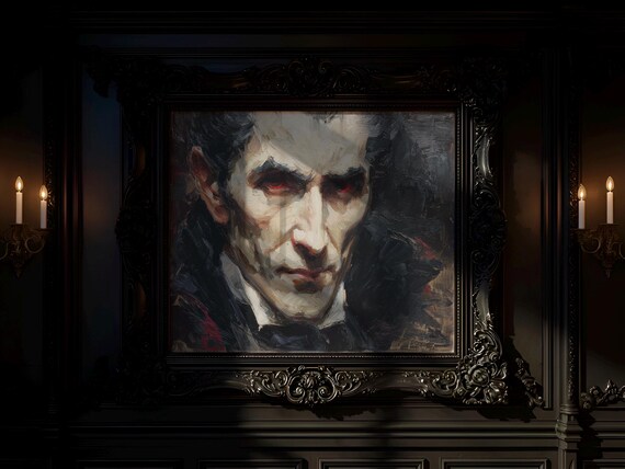 Moody Vampire Portrait Halloween Wall Art Rustic Autumn Decor Expressive Gothic Painting Dark Vintage Home Print 142