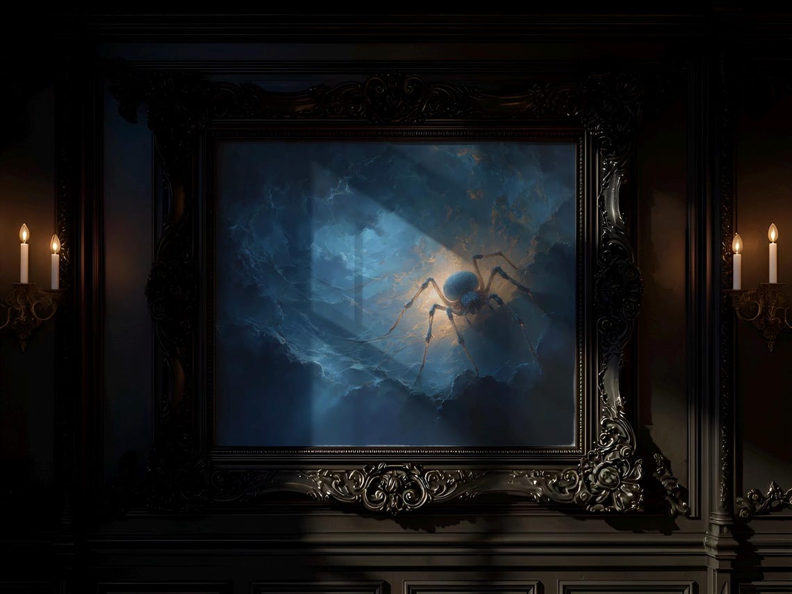 Giant Spider Moonlit Misty Web Moody Halloween Gothic Wall Art