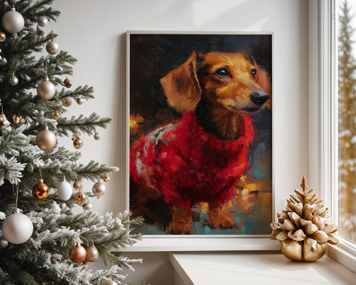 Festive Dachshund in Red Sweater, Holiday Pet Art