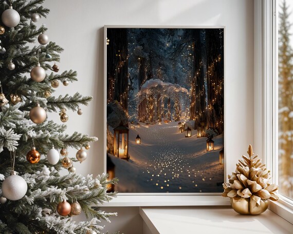 Winter Wonderland Snowy Forest Path Lantern Lights Night Poster