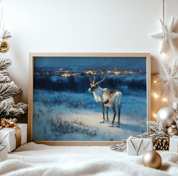 Majestic Reindeer Winter Night Snowy Field Christmas Glow Poster