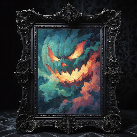Halloween Jackolantern Oil Painting Spooky Wall Art Moody Demonic Pumpkin Decor Creepy Autumn Vintage Print 163