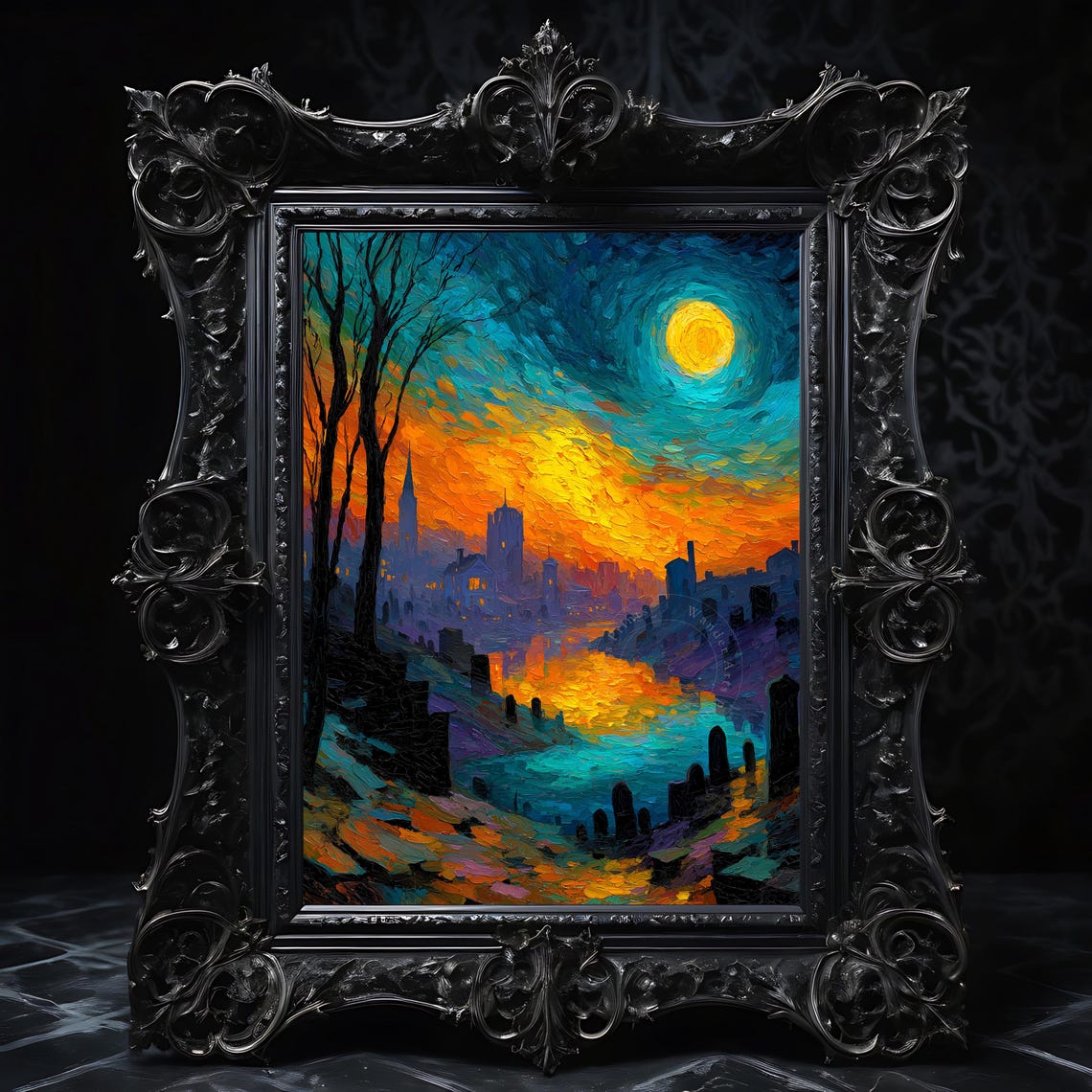 Spooky Halloween Graveyard Midnight Cemetery Oil Painting Poster